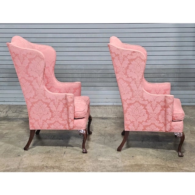 Pair of Late 20th Century Southwood Mahogany Queen Anne Style Wing Chairs Silk Damask Fabric For Sale In Cleveland - Image 6 of 11
