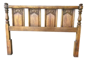 Spanish Colonial Revival Vintage Carved Solid Oak Queen Size Headboard Crafted in North Carolina by United Furniture