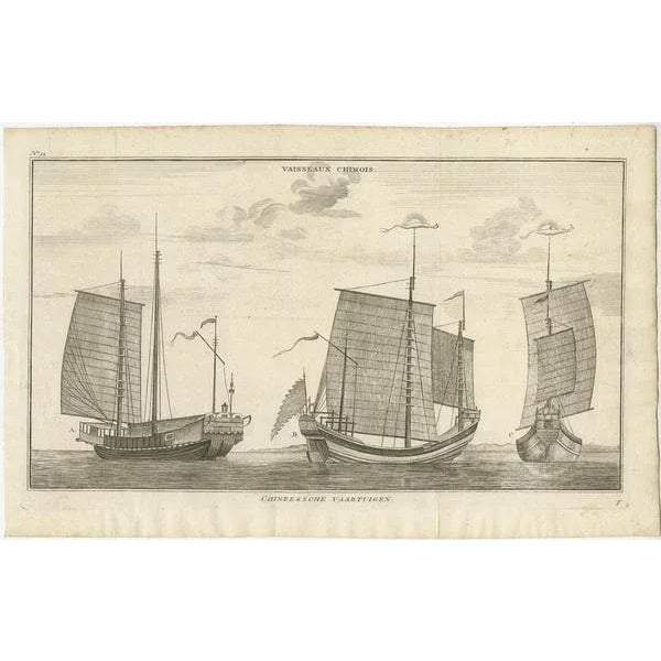 Plate no.34: 'Vaisseaux chinois.' (Chinese vessels.) This original auhentic plate originates from: 'Reize rondom de...