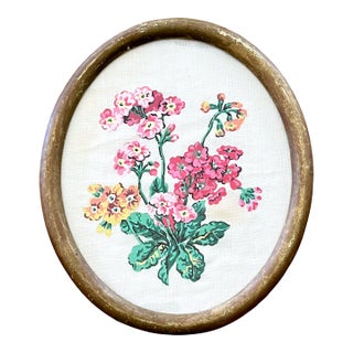 Antique Oval Framed Hand-Painted Geranium Study on Linen For Sale