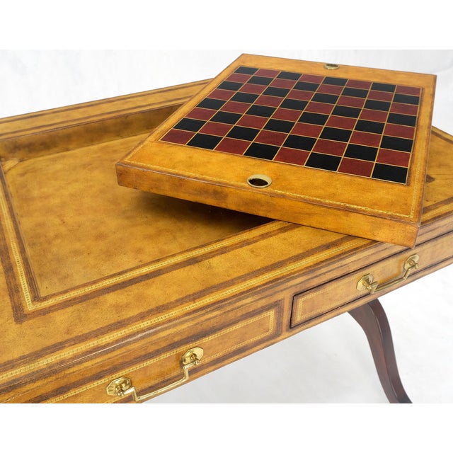 1970s Flit Top Chess Board Backgammon Tooled Leather Top Two Drawers Game Table For Sale - Image 5 of 12