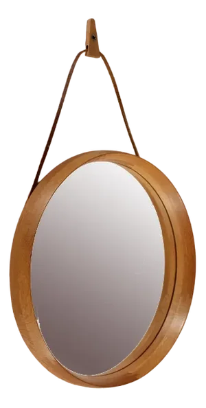 Round Mirror of Oak and Leather by Luxus Vittsjö for Uno & Osten Kristiansson, Sweden, 1970s