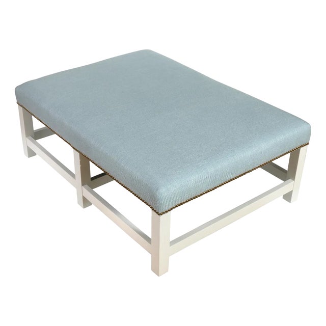 Pierre Frey Blue Upholstered Ottoman With Nailhead Detail For Sale