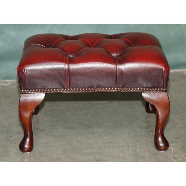 Gold Antique Deep Buttoned Oxblood Leather and Hardwood Ottoman For Sale - Image 8 of 11