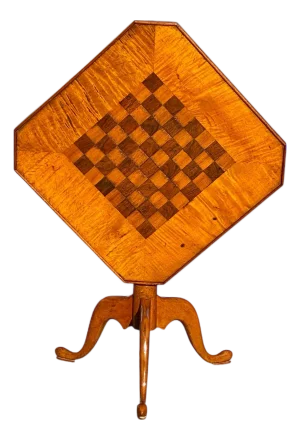 Antique Queen Anne Tiger Maple and Walnut Tilt Top Table With Checkerboard Top