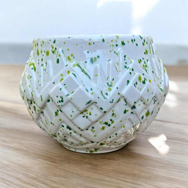 1970s Green Splatter-Ware Geometric White Planter Vase For Sale - Image 4 of 12