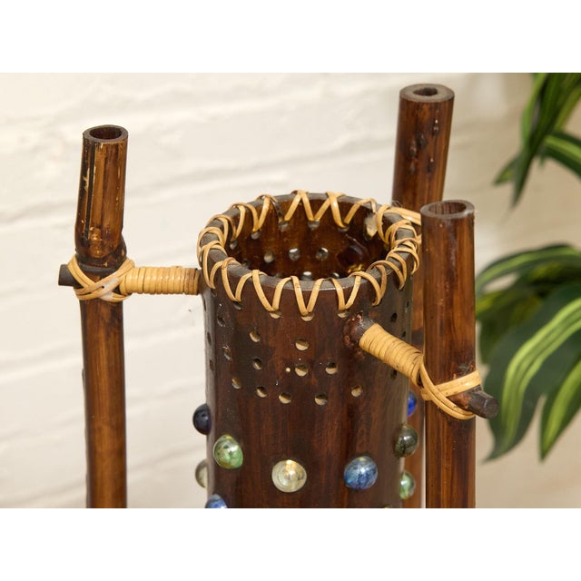 Vintage 1970s Bamboo & Rattan Sculptural Table Lamp With Glass Cabochons. For Sale - Image 4 of 12