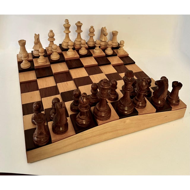 Modern 3 Dimensional Wooden Chess or Checker Board with Chess Players For Sale - Image 3 of 7