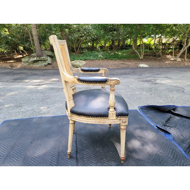 French Late 20th Century Pair of Custom Neo-Classical French Cane Back Chairs With Black Leather Seat For Sale - Image 3 of 9