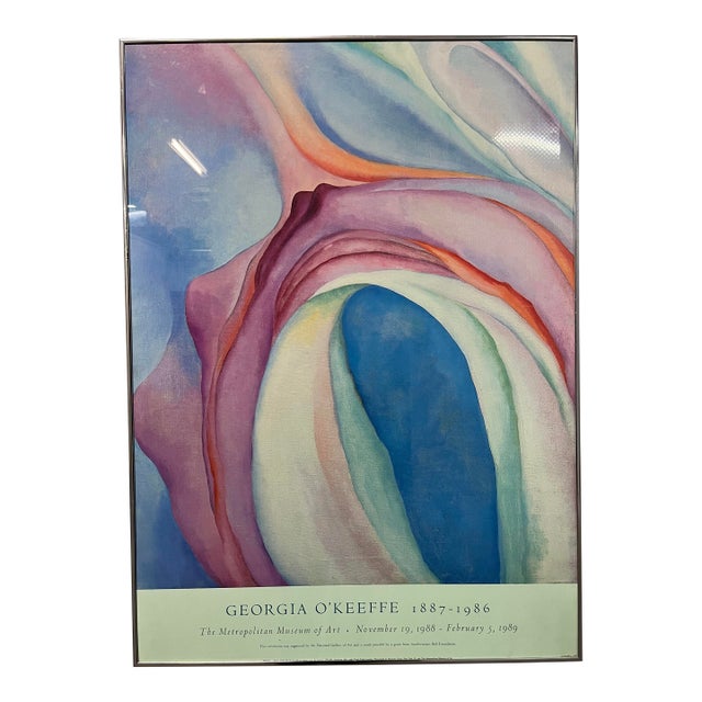 1980's Georgia O'Keeffe "Music, Pink and Blue No. 2", Original Exhibition Framed Poster. For Sale