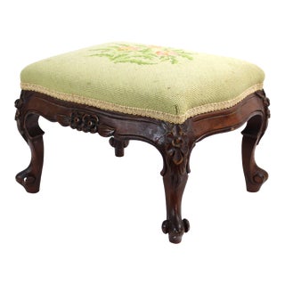 Vintage Petite Carved Footstool Ottoman With Flowers Needlepoint Top For Sale