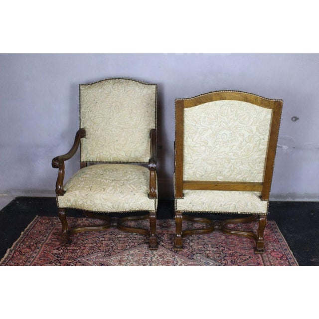 Antique French Louis XIV Style Nail Head Upholstered Arm Chairs - Set of 2 For Sale In Miami - Image 6 of 14