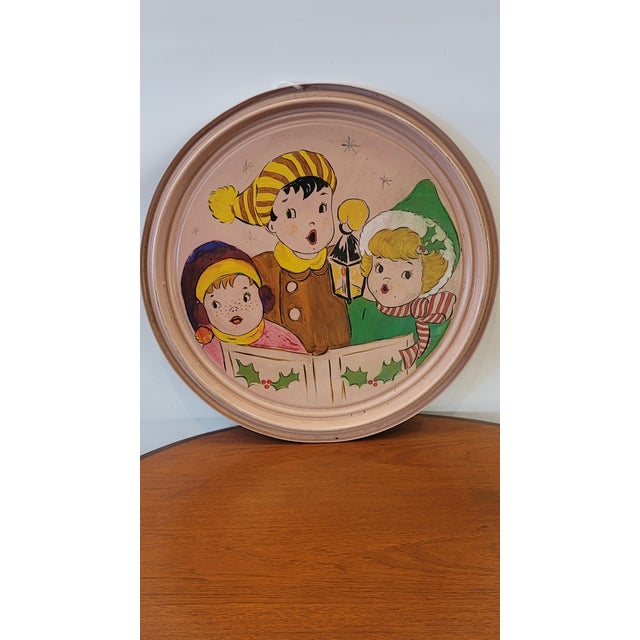 1940s Christmas Carolers Hand Painting Masterpiece 1940s Trench Art Military Drum Lid Folk Art For Sale - Image 5 of 8