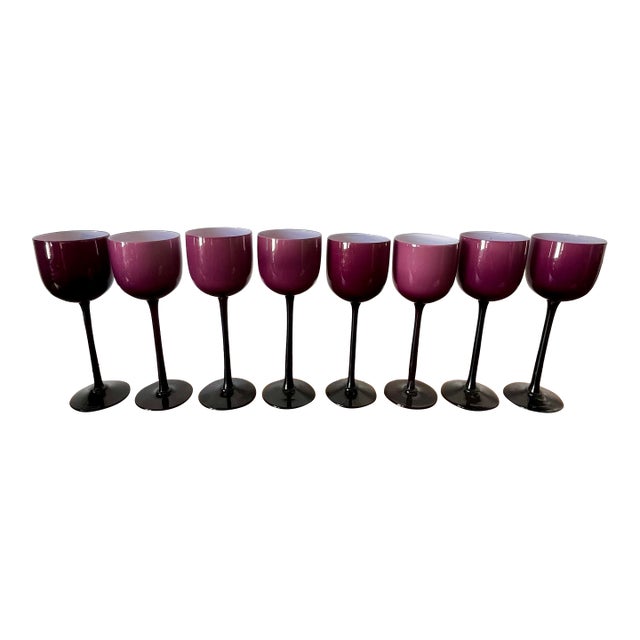 Set of 8 Carlo Moretti Empoli Cased Glass Plum Wine Glasses For Sale