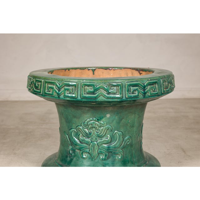 Chinese Vintage Green Glazed Ceramic Planter or Garden Seat Base with Foliage For Sale In New York - Image 6 of 11