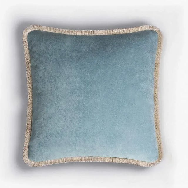 Happy Cushion in Light Blue with Off-White Fringes by Lorenza Briola for Lo Decor For Sale - Image 4 of 4
