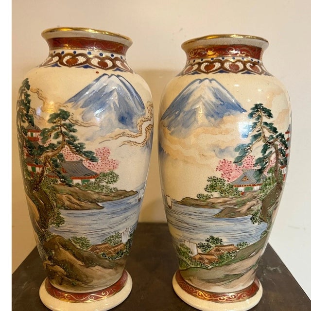 Japanese Late 20th Century Pair of 7" Decorative Japanese Style Vases - Gold Accent Porcelain Shelf Decor For Sale - Image 3 of 7