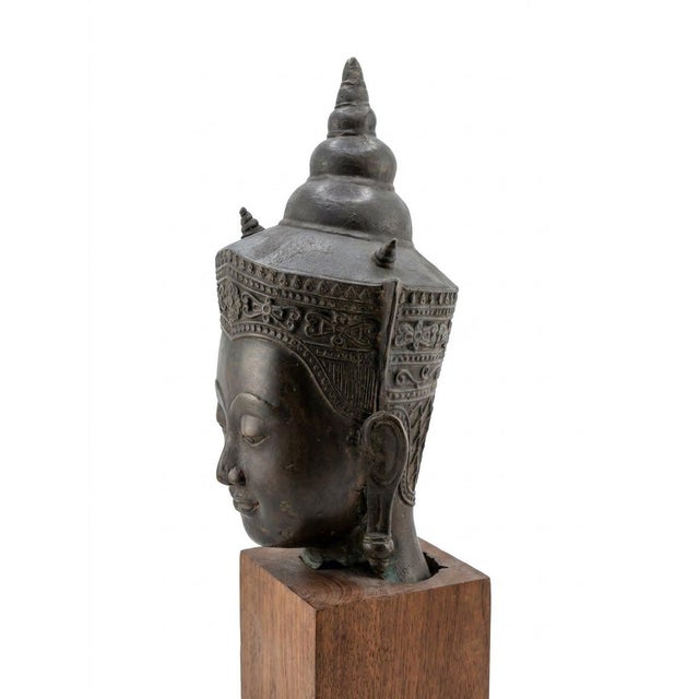 Vintage Bronze Crowned Buddha Head in Thai Ayutthaya Style. Wood Base Sculpture For Sale - Image 4 of 6