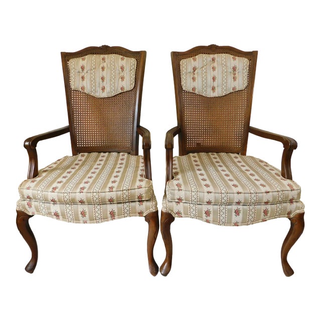 Antique Mahogany Wood Cane Back Upholstered Dining Arm Chairs - a Pair For Sale