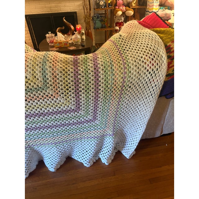 White Vintage Granny Square Crochet Afghan Full Queen Acrylic 84”x82” For Sale - Image 8 of 9
