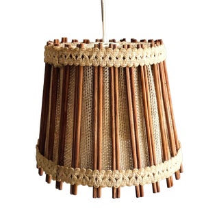 Mid-Century Scandinavian Rustic Wood and Burlap Hanging Lamp, 1960s For Sale