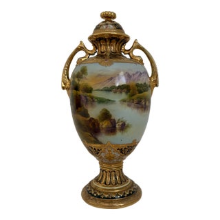 Antique Nippon Hand-Painted Scenic Covered Urn With Gilt & Jeweled Enamel, C. 1900 For Sale