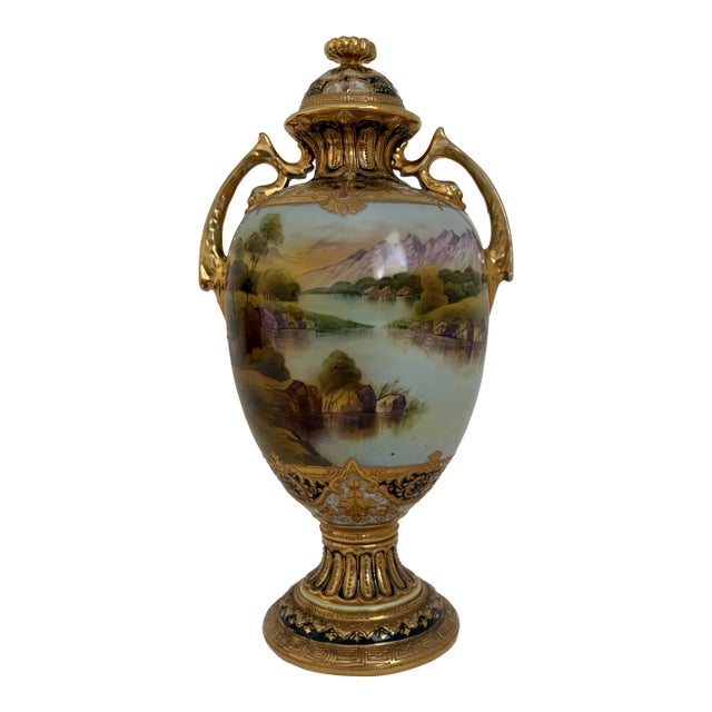 Antique Nippon Hand-Painted Scenic Covered Urn With Gilt & Jeweled Enamel, C. 1900 For Sale