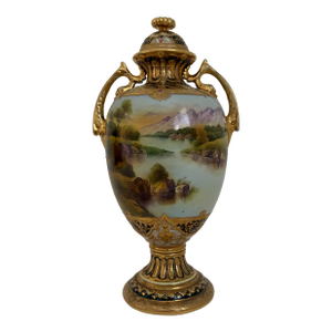 Antique Nippon Hand-Painted Scenic Covered Urn With Gilt & Jeweled Enamel, C. 1900