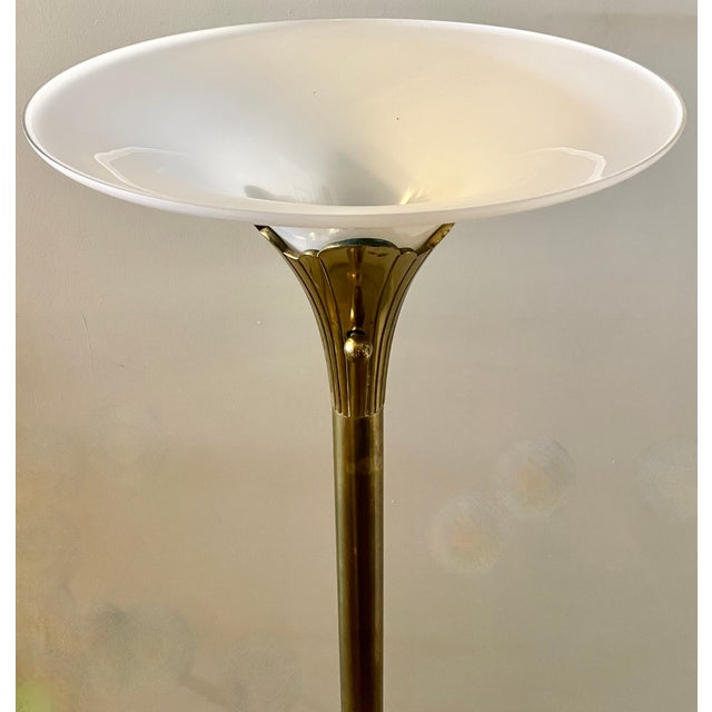 Art Deco Solid Brass Tulip Torchiere Floor Lamp Milk Glass Diffuser by the Stiffel Company For Sale - Image 3 of 6