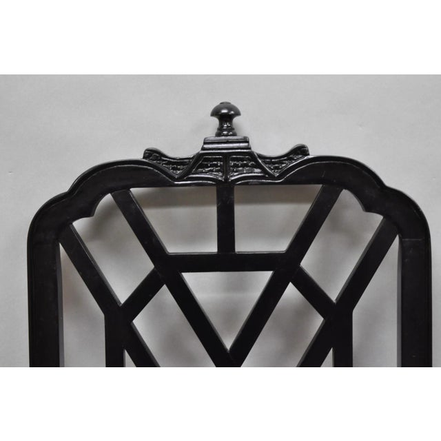 Mid 20th Century Vintage Chinese Chippendale Pagoda Fretwork Black Lacquer Dining Chair, Set of 4 For Sale - Image 5 of 13