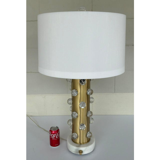 Original retail $1683, stylish Revelation Modern Satin Brass and Crystal Bubble Glowing Table Lamp, white silk shade,...