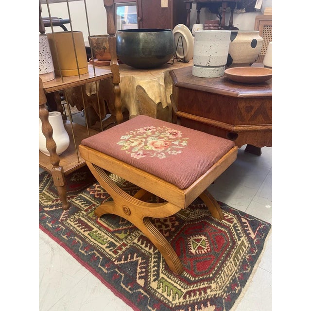 1970s Vintage Needlepoint Embroidery Footstool With Floral Motif For Sale - Image 4 of 10
