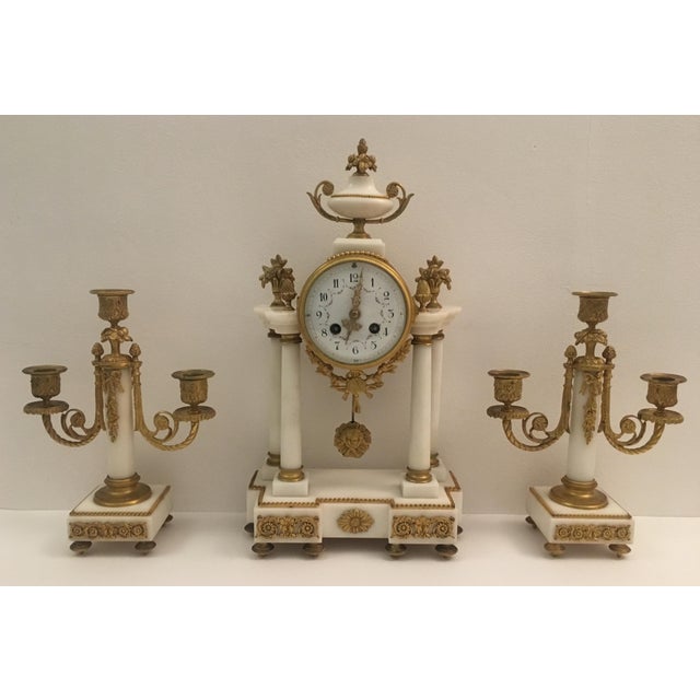 19th Century 19th Century French Louis XVI Style Ormolu and White Marble Boudoir Clock Set For Sale - Image 5 of 5