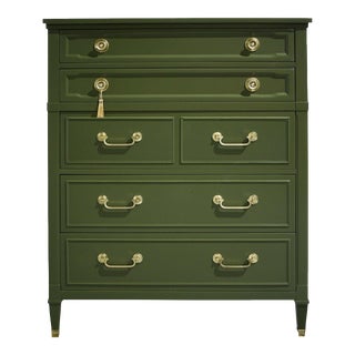 Mid Century Transitional Highboy Dresser in Olive Green by Drexel - Newly Painted For Sale