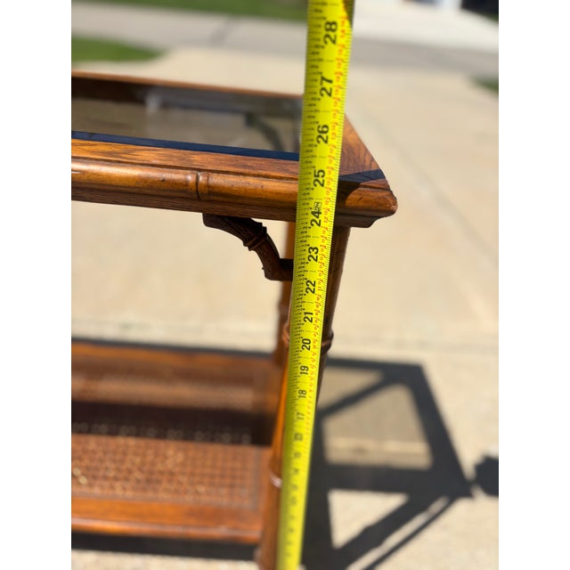 70’s Vintage Lane Faux Bamboo Console Table. Oak Great condition, caning is completely intact in excellent condition with...