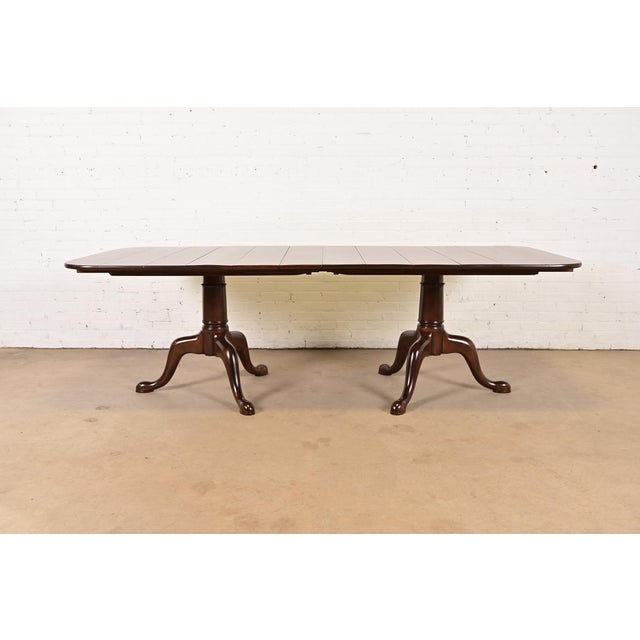 Wood Baker Furniture Style Georgian Monumental Solid Cherry Wood Double Pedestal Extension Dining Table, Newly Refinished For Sale - Image 7 of 14