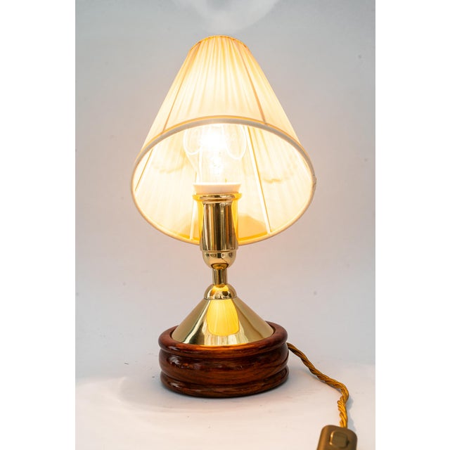 Brass Table Lamp with Wood and Fabric Shade, Vienna, 1950s For Sale - Image 12 of 15