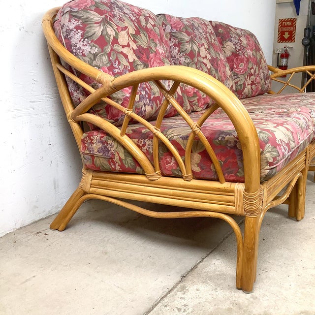 Vintage Palm Beach Style Rattan Sofa With Architectural Lattice Back For Sale - Image 10 of 18