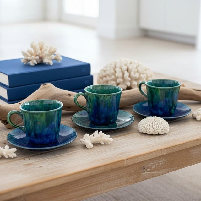 Vivid set of 3 Stangl Pottery espresso cups with matching saucers in the sought-after Mediterranean pattern. Produced in...
