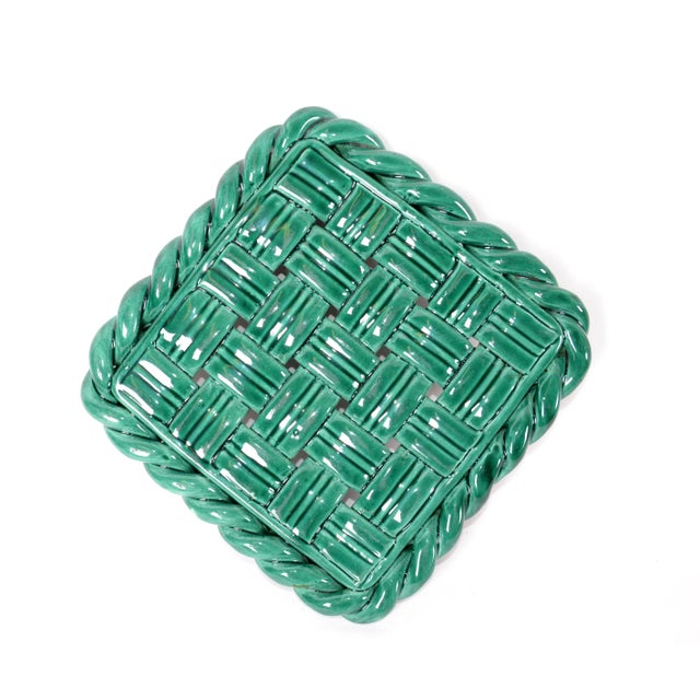 Mid-Century Modern Vallauris France Glazed Ceramic Woven Green Trivet Mid-Century Modern Pottery For Sale - Image 3 of 13
