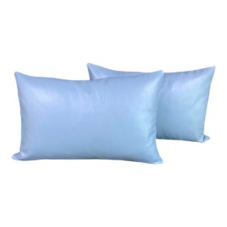 Early 21st Century Sky Blue Rectangle Leather Pillows- a Pair For Sale