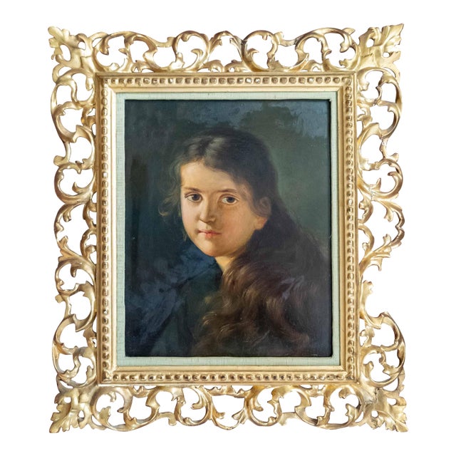 19th Century Portrait Painting of a Young Girl After Ferdinand Strauss, Giltwood Frame For Sale