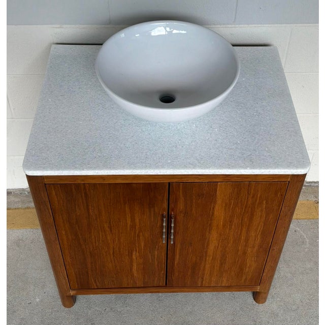 Stylish Modern Mahogany Vessel Sink Vanity, white granite top, white ceramic bowl, silver bamboo pulls, showroom floor sample