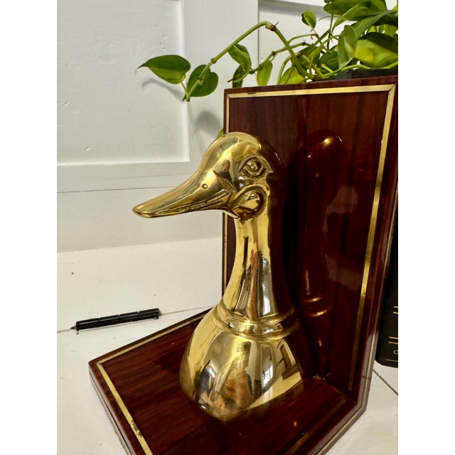 American Vintage Brass Duck Head Bookends on Wood Bases For Sale - Image 3 of 5