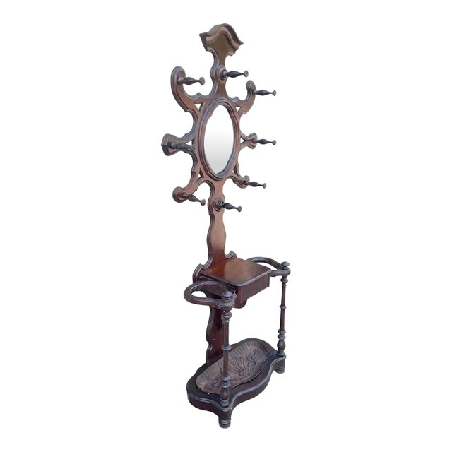 Late 1800s Victorian Hall Tree With Original Iron Drip-Catcher Plate For Sale