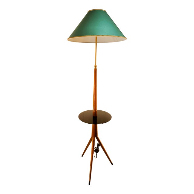 Wooden Floor Lamp with Glass Top and Lampshade For Sale