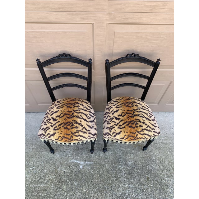 Wood A Pair of Ebonized Opera Chairs in Tiger Upholstery For Sale - Image 7 of 14