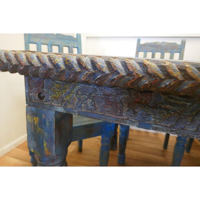 Large Carved Folk Art Painted Table and Chairs, 1920, Set of 7 For Sale - Image 11 of 16