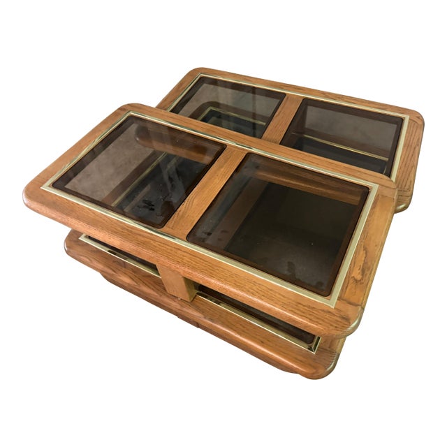 1980s Articulating Oak & Smoked Glass Swivel Coffee Table For Sale