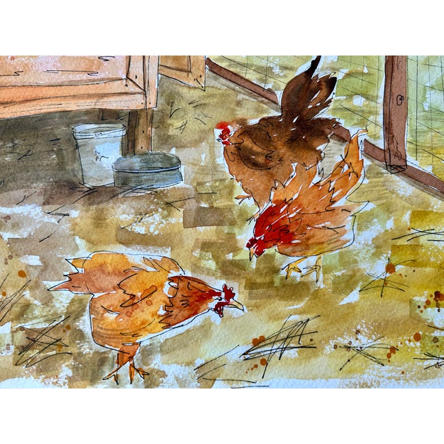 Burnt Orange Watercolor Painting “Holly’s Chicken Yard” Giclee Print For Sale - Image 8 of 10